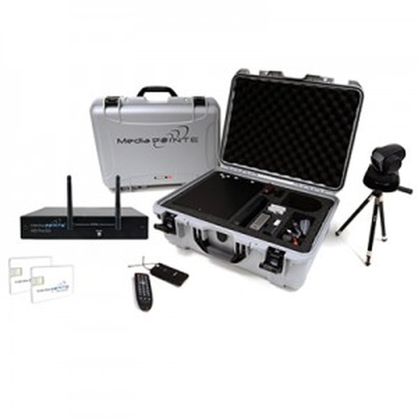 The HD Portal Portable Kit laid out: the HD Portal unit, wireless receiver, KeyCards, remote, microphones, camera and tripod, in its case