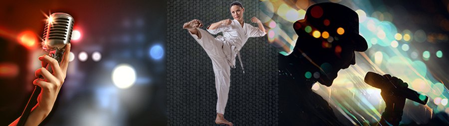 A hand holding a vintage microphone under stage lights, a martial artist mid-kick, and a silhouetted performer against concert lighting
