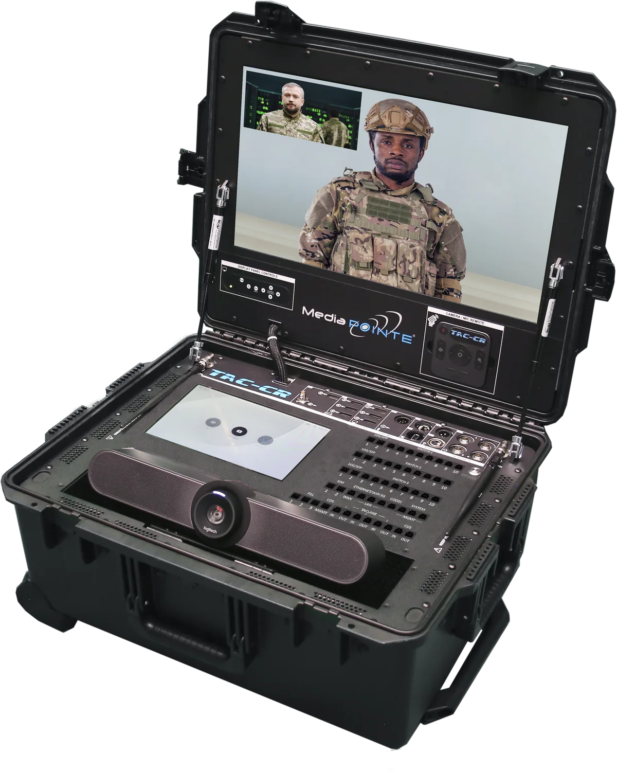 MediaPOINTE TAC-CR open, its single panel carrying a live call with a soldier in the field
