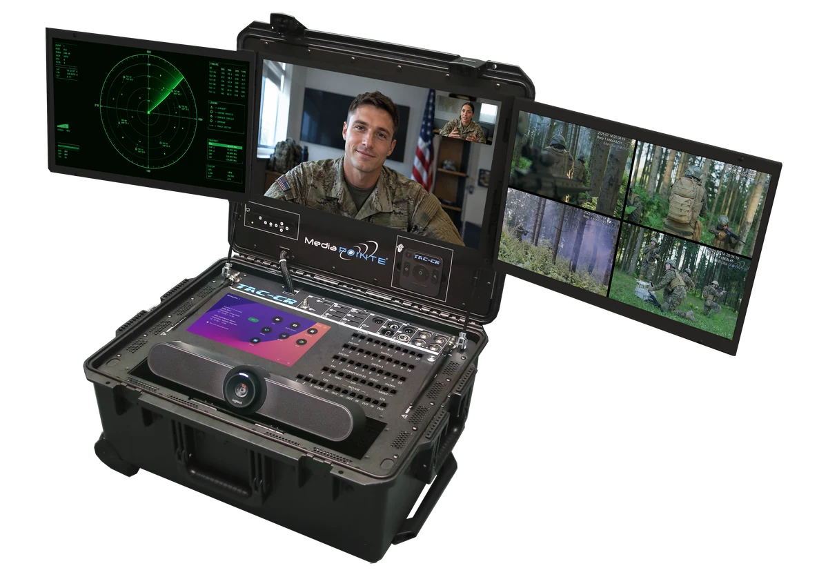 MediaPOINTE TAC-CR3 open, driving three panels showing a live radar picture, a call with a soldier in the field, and a four-way grid of body-worn camera feeds