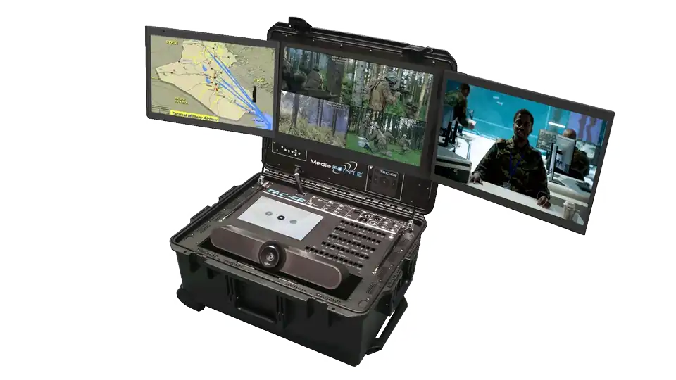 MediaPOINTE TAC-CR3 open, its three panels cycling through a tactical map, live sensor feeds, and a remote operations centre call