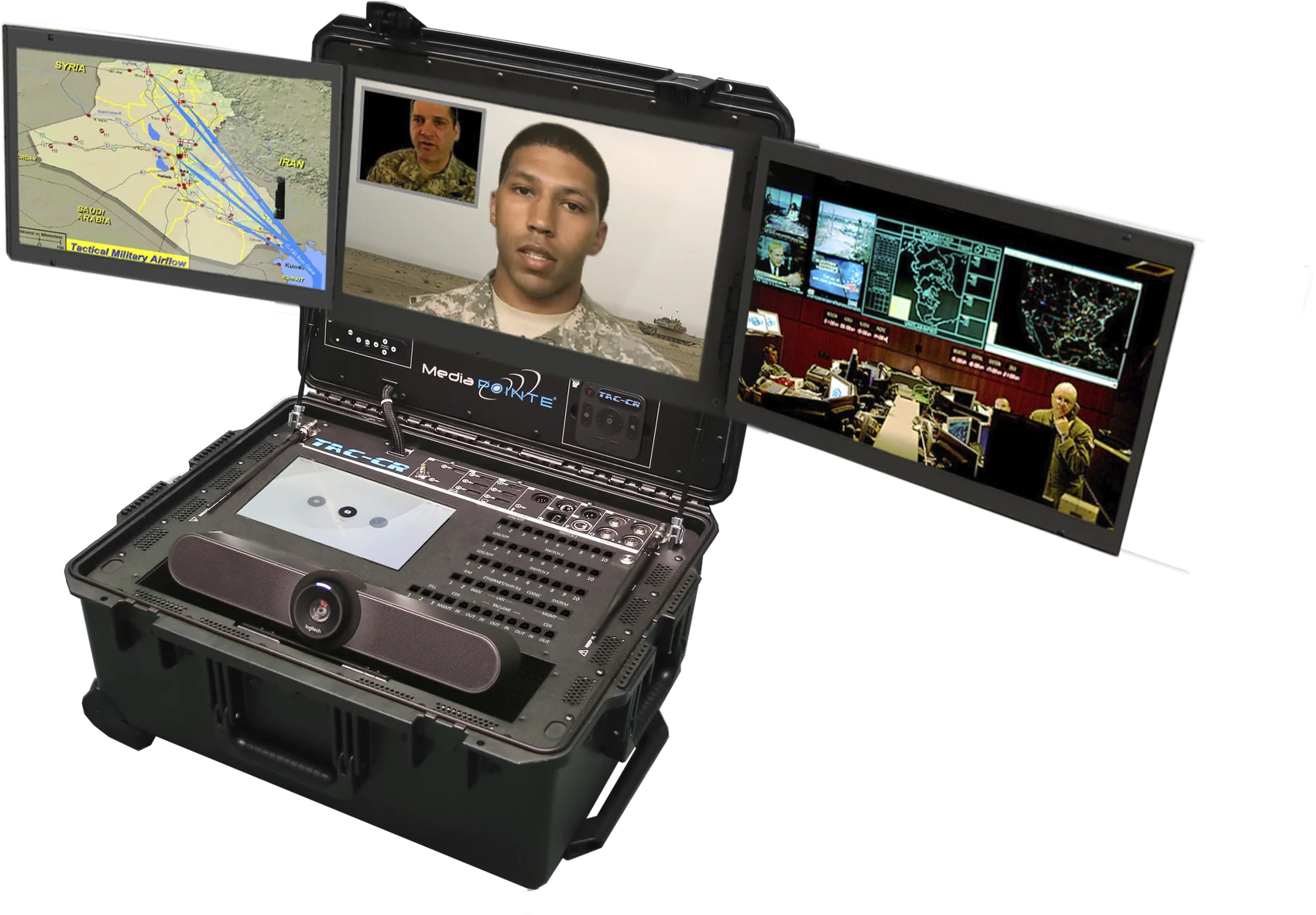 MediaPOINTE TAC-CR3 open, driving three panels showing a tactical map, a live call, and an operations centre feed