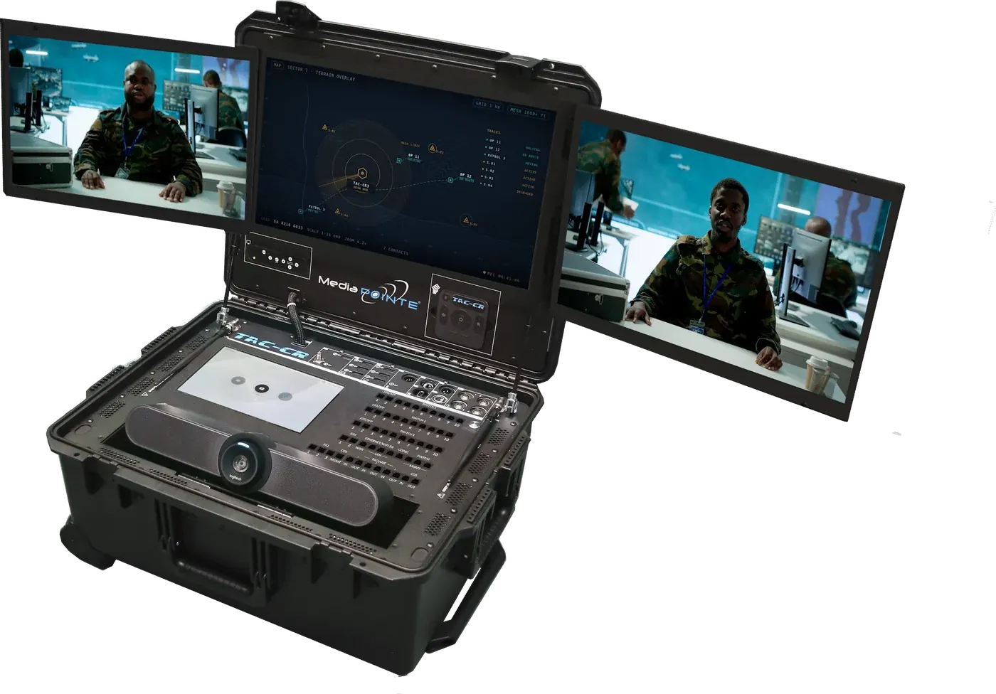 TAC-CR3 open, its three panels carrying live video from an operations centre beside a tactical map