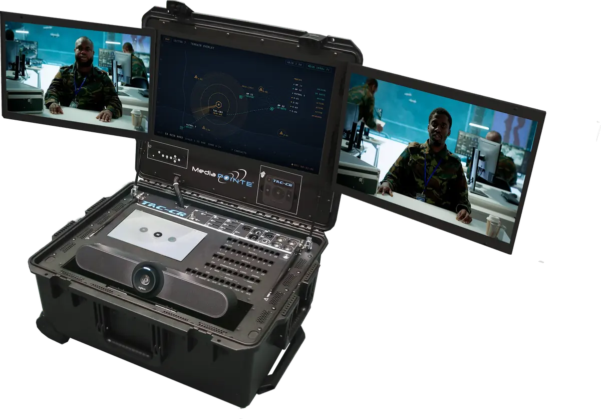 TAC-CR3 open, its three panels carrying live video from an operations centre beside a tactical map